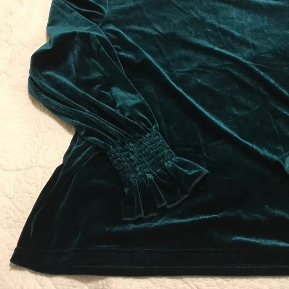 Green velvet long sleeved top embellished with ruffles at wrists & collar (L) - Picture 7 of 16